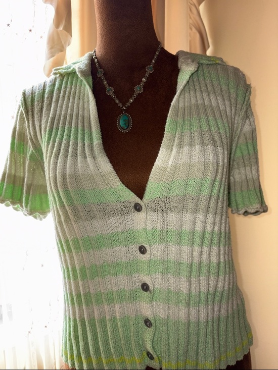Free People Tops - Free People Light Green & Cream Striped Ribbed Button-Up Top